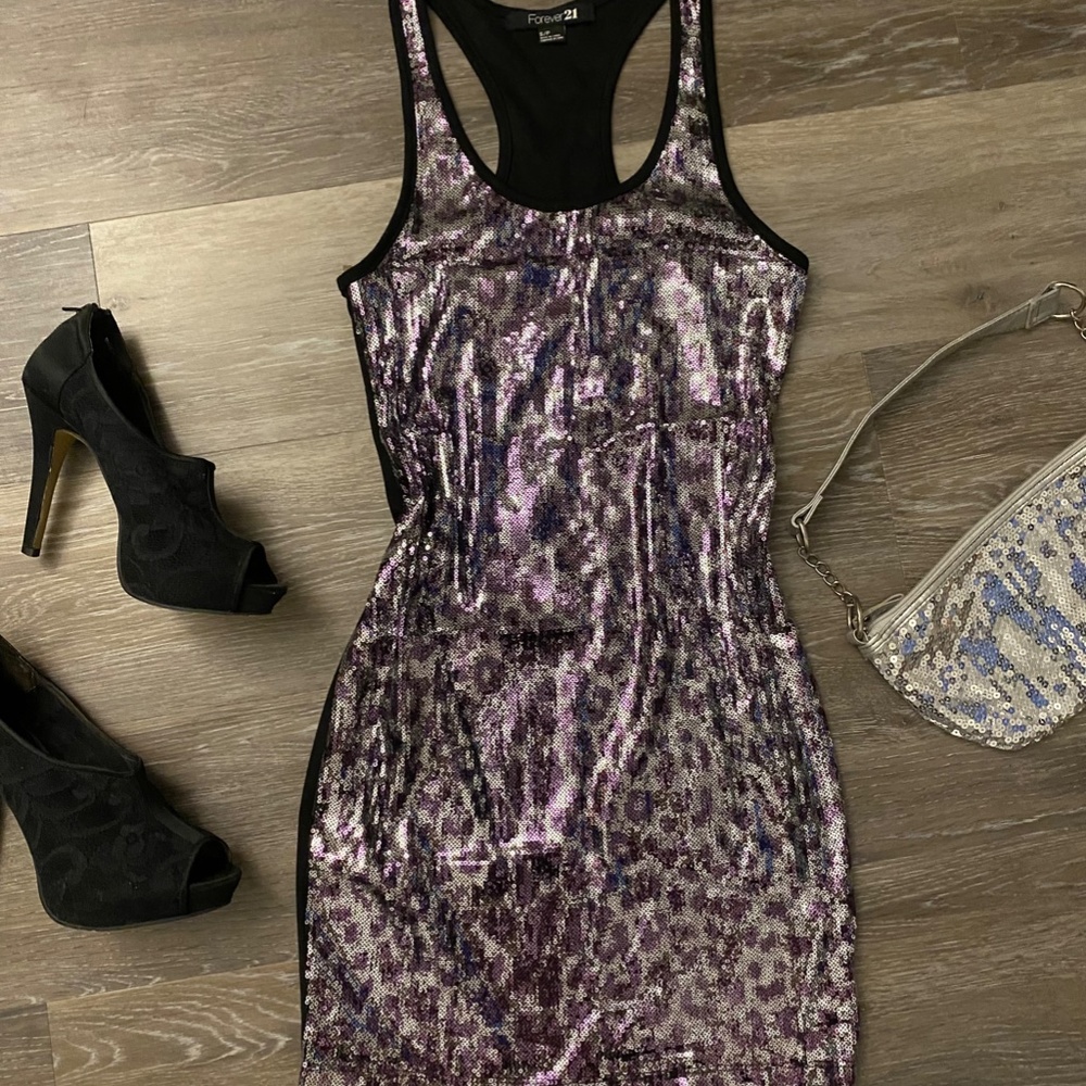 Sequined Purple & Silver Cheetah Print Forever 21 Mini Racerback Dress